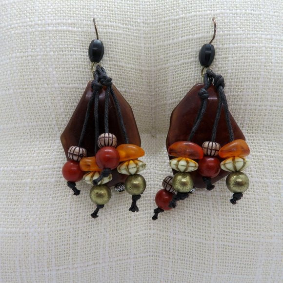 Vintage Artisan Handcrafted Pierced Earrings 2" Dangle Brown White Orange Beads - Picture 10 of 10